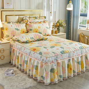 床罩床裙式 单件纯棉夹棉床单套防尘罩公主风蕾丝防滑全棉加厚裙罩