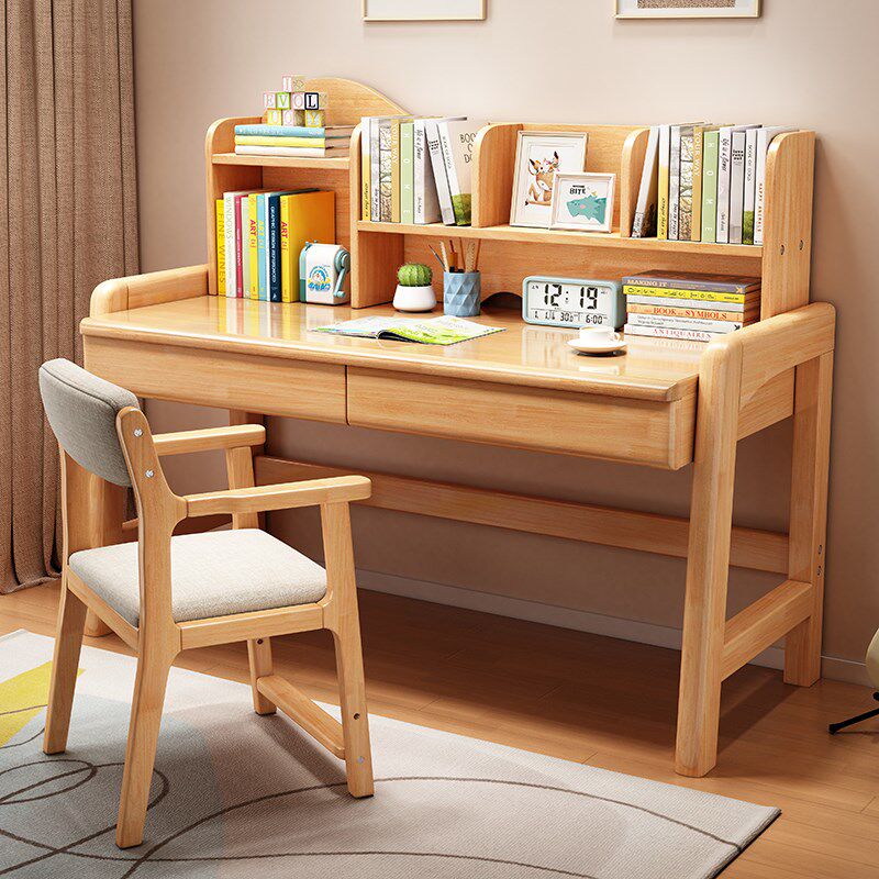 实木书桌儿童学习桌中小学生w家用书架一体写字桌可升降卧室电脑