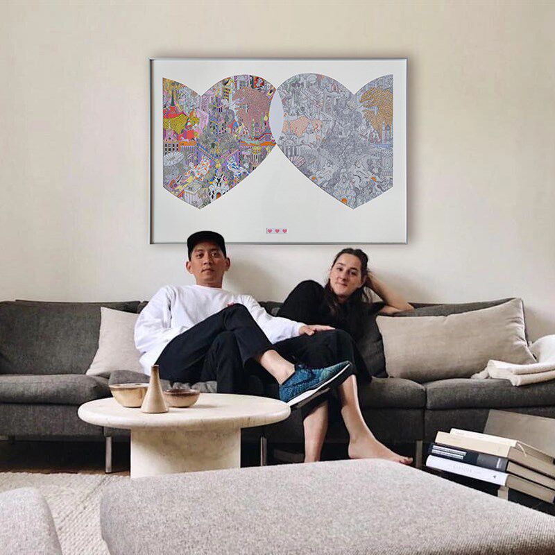 若奈丝巾画手工艺双爱心《真爱之城》色H彩黑白客厅潮玩感现代挂