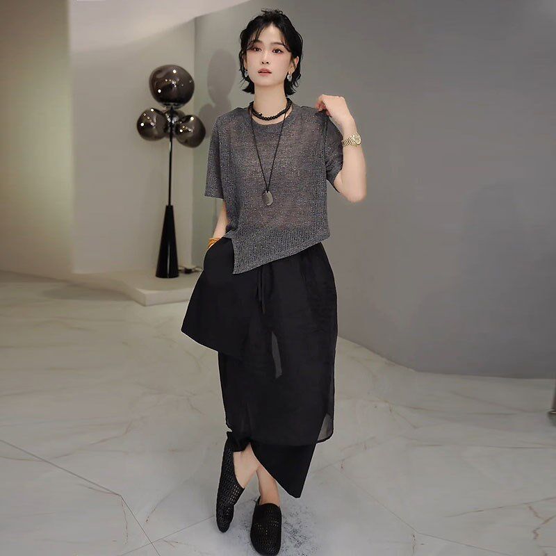 个性时尚套装女2025夏季亮闪不规则T恤+黑色网纱拼接X假两件阔腿