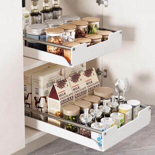 橱柜内抽屉拉篮调料碗碟餐具抽拉式免打孔不锈钢PP白色超簿夹缝