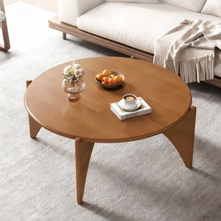 中古风实木茶几小户型客厅家用沙发胡桃木色矮几圆形茶桌复古创意