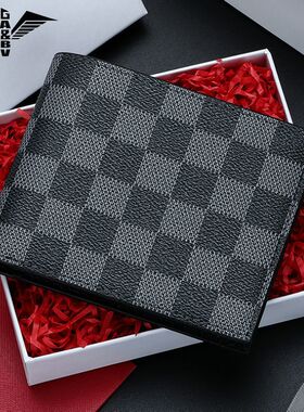 GA&BV男士钱包奢侈品高档短款格子钱夹商务男款票夹时尚新款皮夹