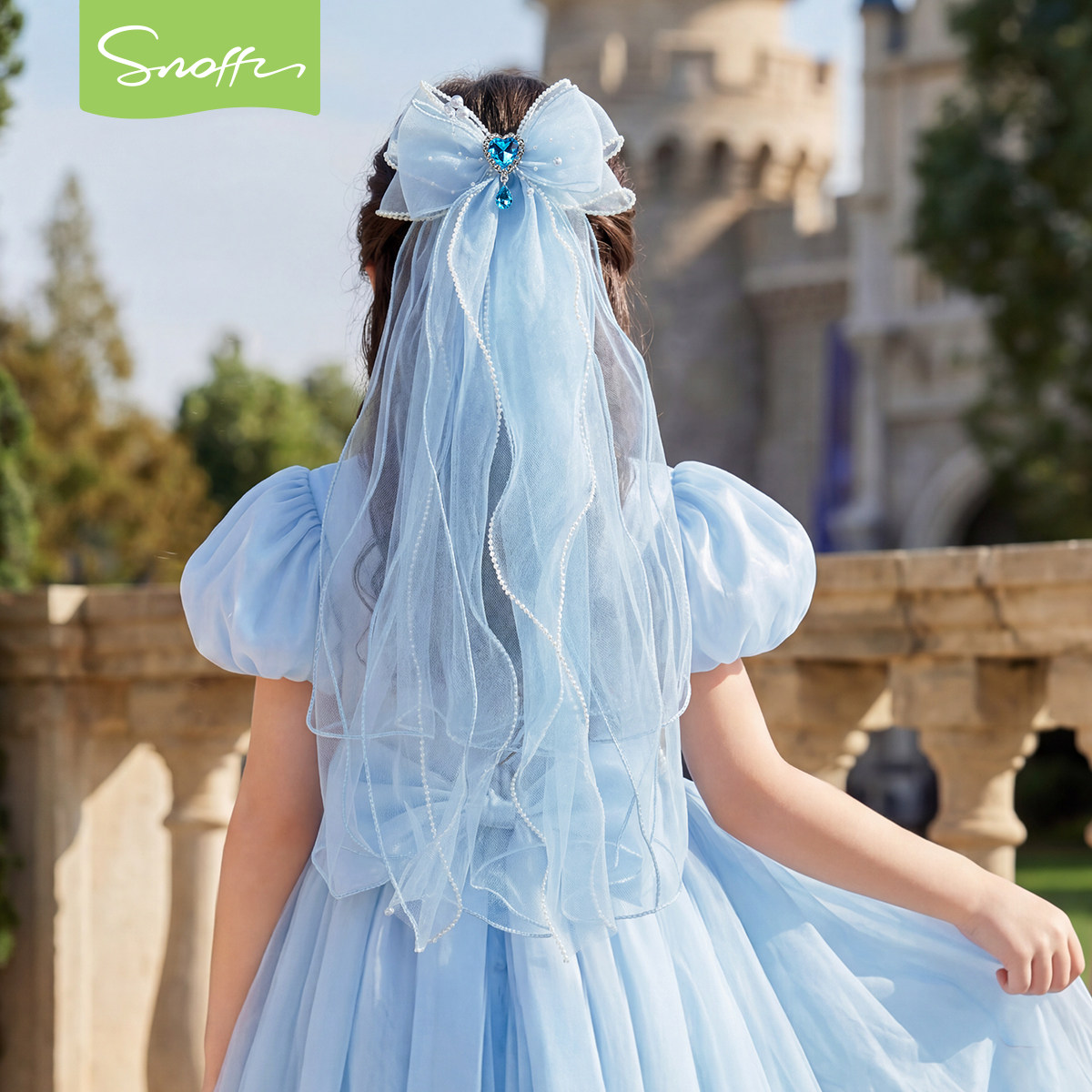 斯纳菲女童爱莎公主发饰蓝色蝴蝶结珍珠头纱儿童超仙气公主风发夹