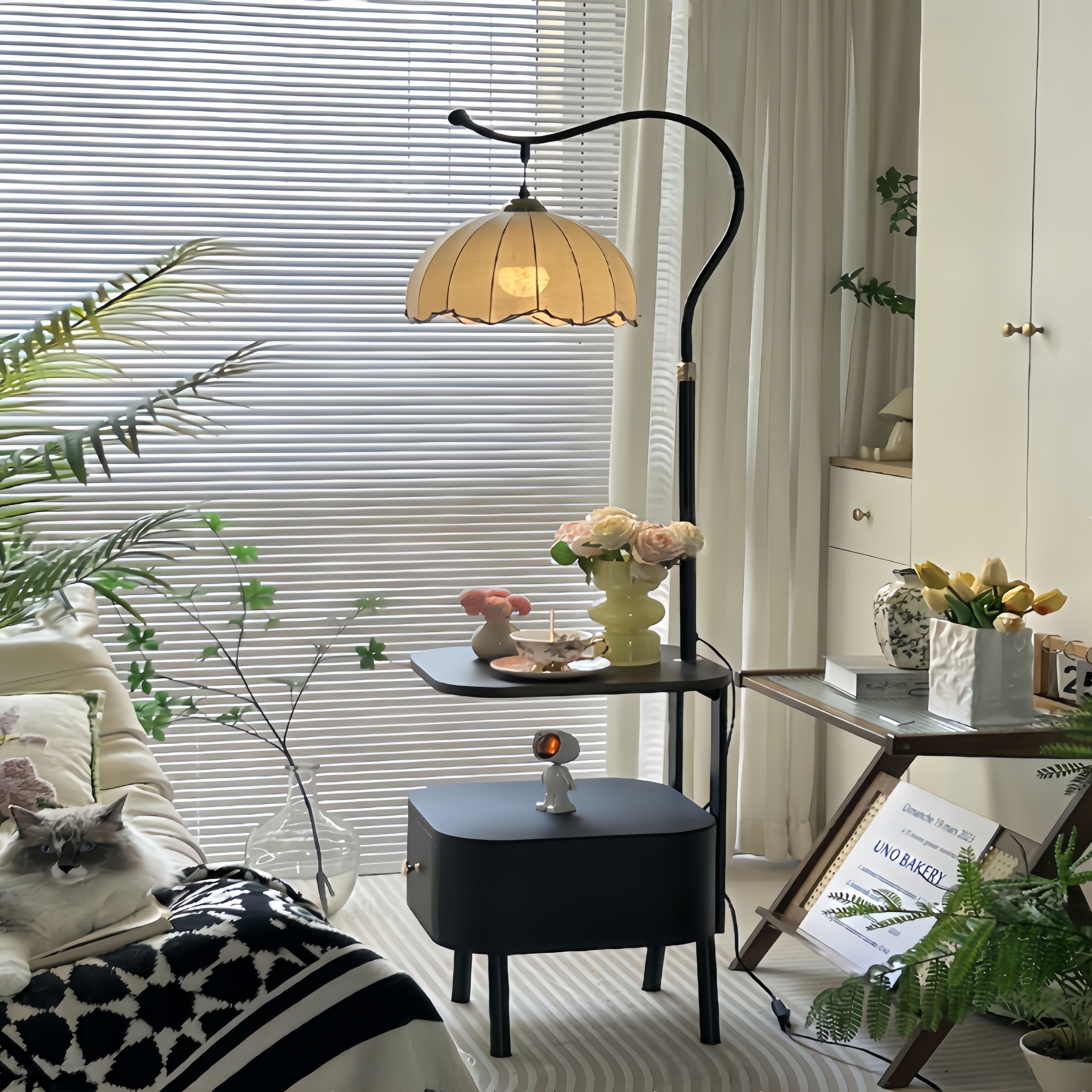 中古风卧室床头柜台灯一体客厅沙发旁边落地灯置物架氛围感边几灯