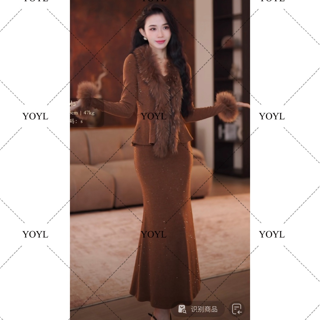 【yola】琥珀秋冬新款高级法式气质显瘦假两件鱼尾连衣裙-YL30288