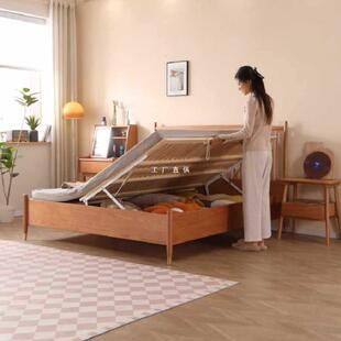 ft北欧实木箱体床离地高箱储物床侧开1.2m1.35白蜡木高脚储物双人