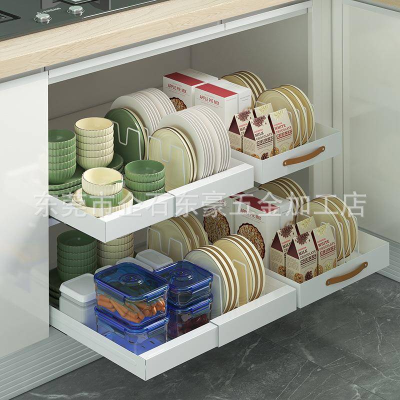 免安装可伸缩橱柜拉篮抽屉内带滑轨调料收纳盒下水槽置物架