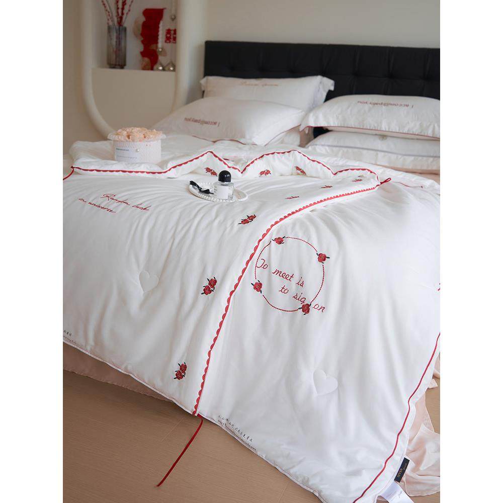 大豆子母被喜被陪嫁四季款春秋被芯保暖加厚冬被玫瑰刺绣婚嫁被芯