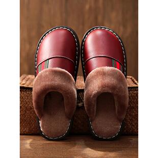 牛筋底防滑加厚包头层牛皮真皮拖鞋男女居家用冬季保暖棉拖鞋大码