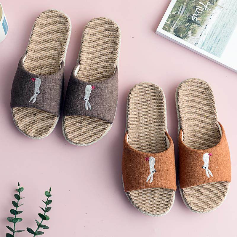 儿童亚麻拖鞋春季卡通兔子刺绣吸汗室内地板男孩女孩可爱棉麻拖鞋