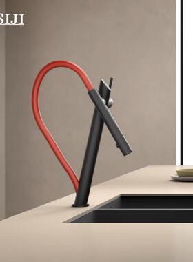 日本XISIJI全铜黑红色抽拉洗菜盆洗碗池龙头水槽万向旋转龙头家用