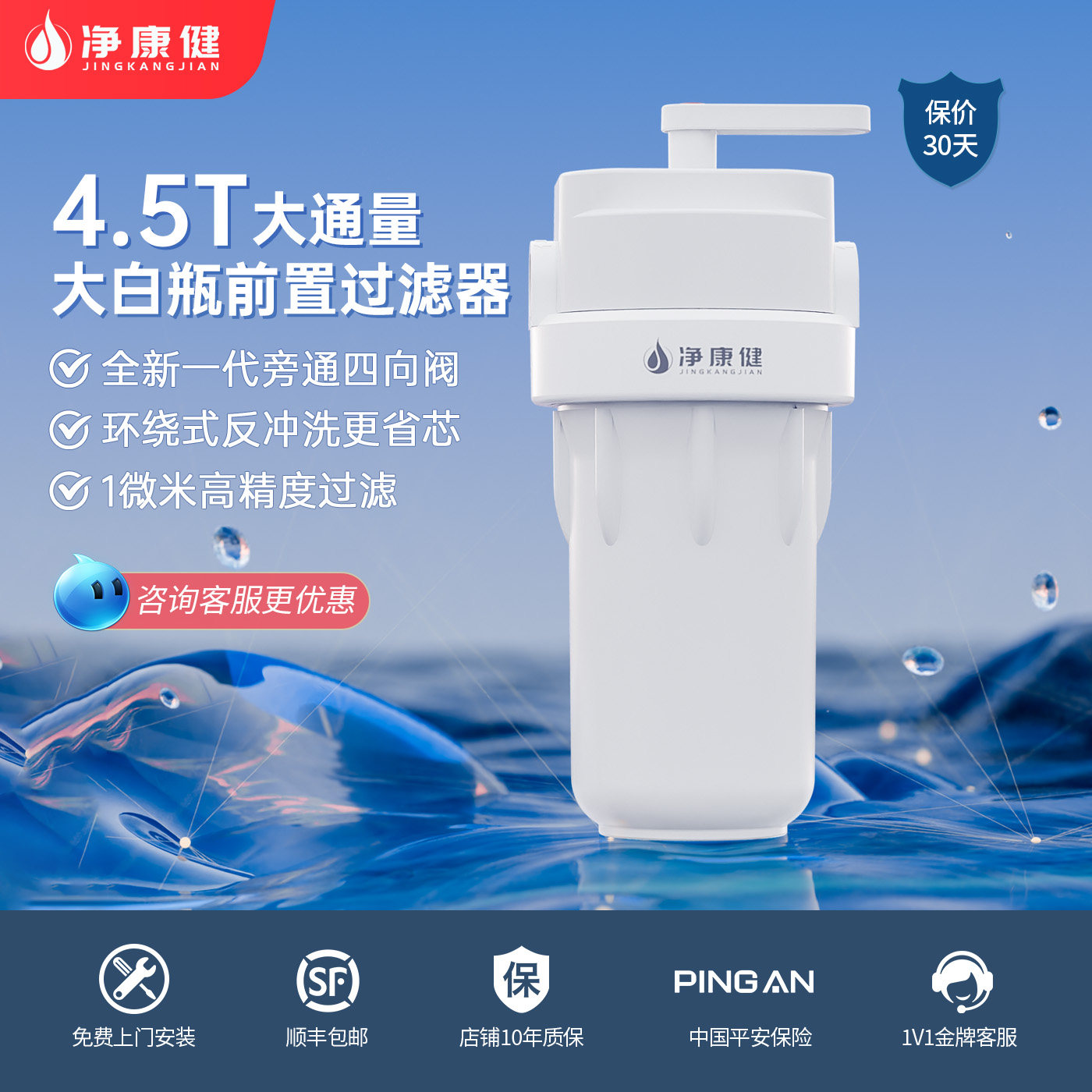 净康健大白瓶净水器家用前置过滤器大流量自动反冲洗自来水净水机