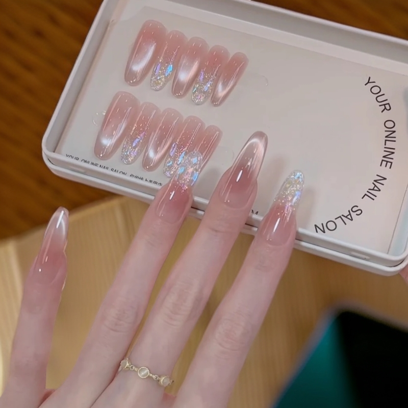 裸色纯手工穿戴甲气质显白中长款彩色高级微笑猫眼美甲可拆卸贴片