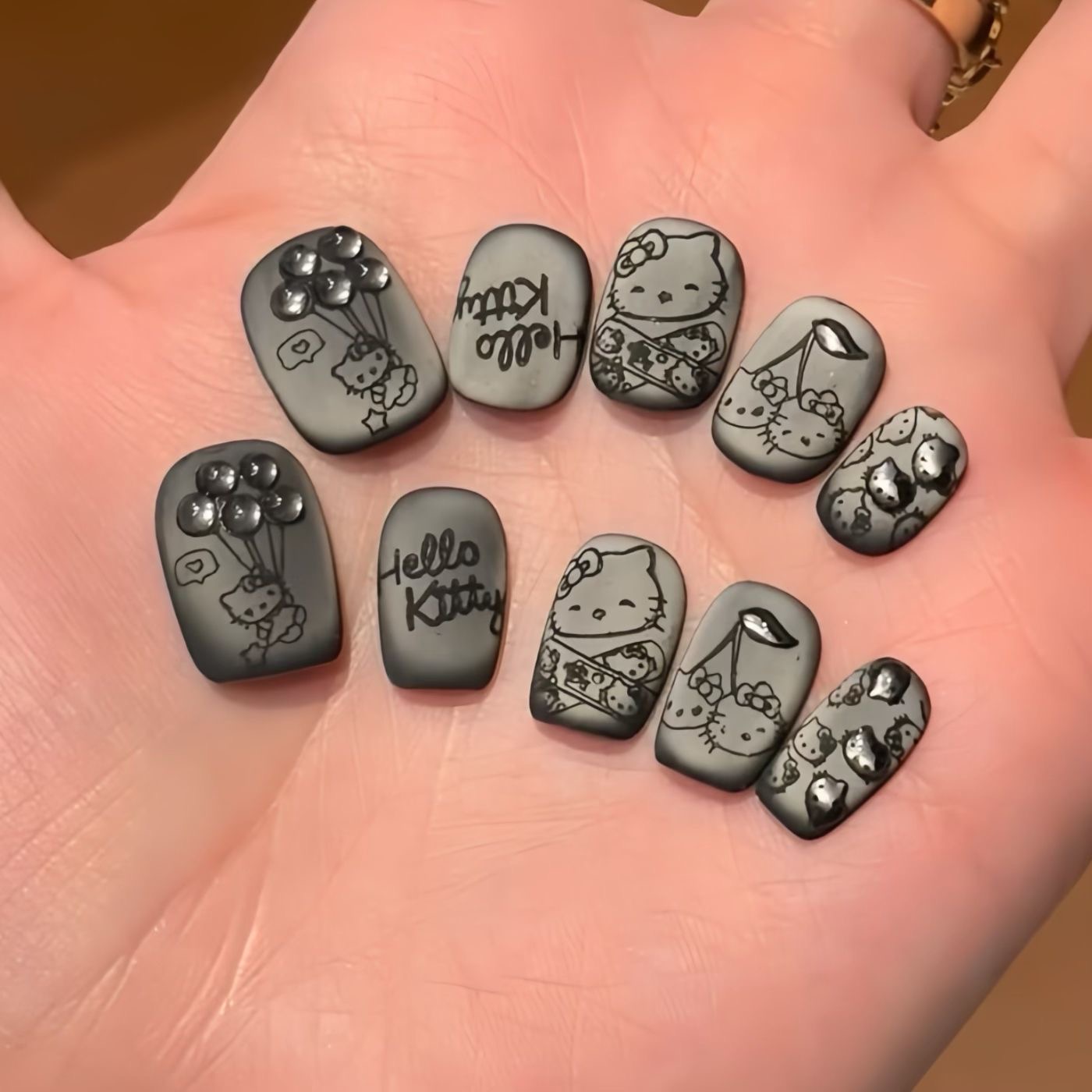 【磨砂KT】可爱磨砂手工穿戴甲猫眼短款手绘可拆卸kitty猫甜酷美