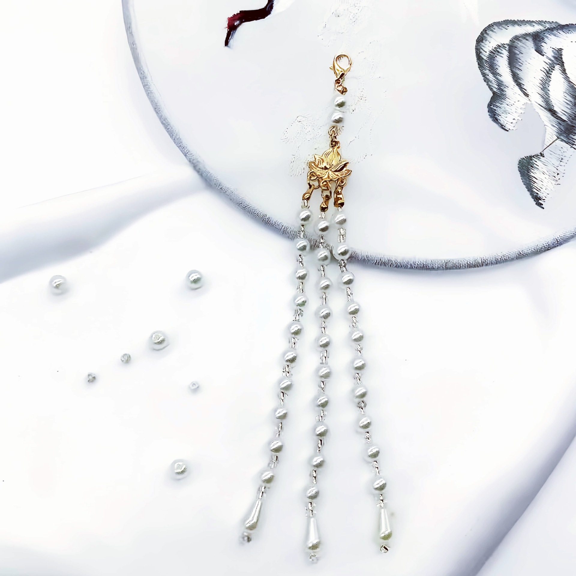 配件汉服简约旗袍头饰挂链莲花仿珍珠配饰单条流苏穗子辅料吊坠