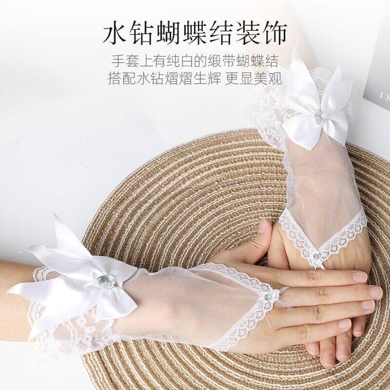 网纱仙女手套韩式拍照新娘蕾丝婚纱cos勾指生日蝴蝶结白色结婚
