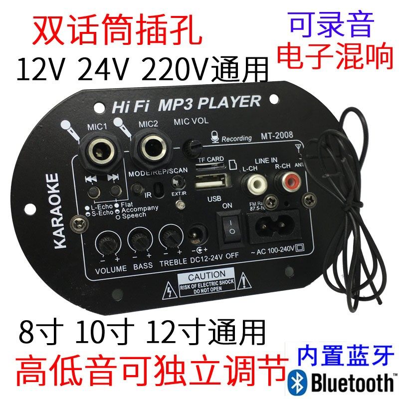 6寸8寸10寸双话筒插孔大功率FM蓝牙车载功放板12V24V220V低音炮芯
