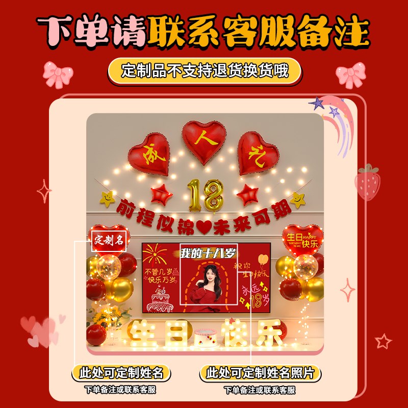 18岁成人礼男女孩生日装饰快乐氛围场景客厅背P景墙布置气球高级