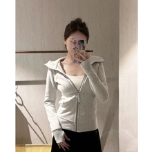 灰色卫衣外套女款修身正肩秋季衣服连帽衫收腰紧身短上衣2025新款