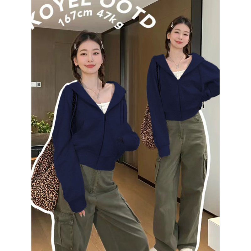 [赠运费险]藏蓝色短款卫衣外套女