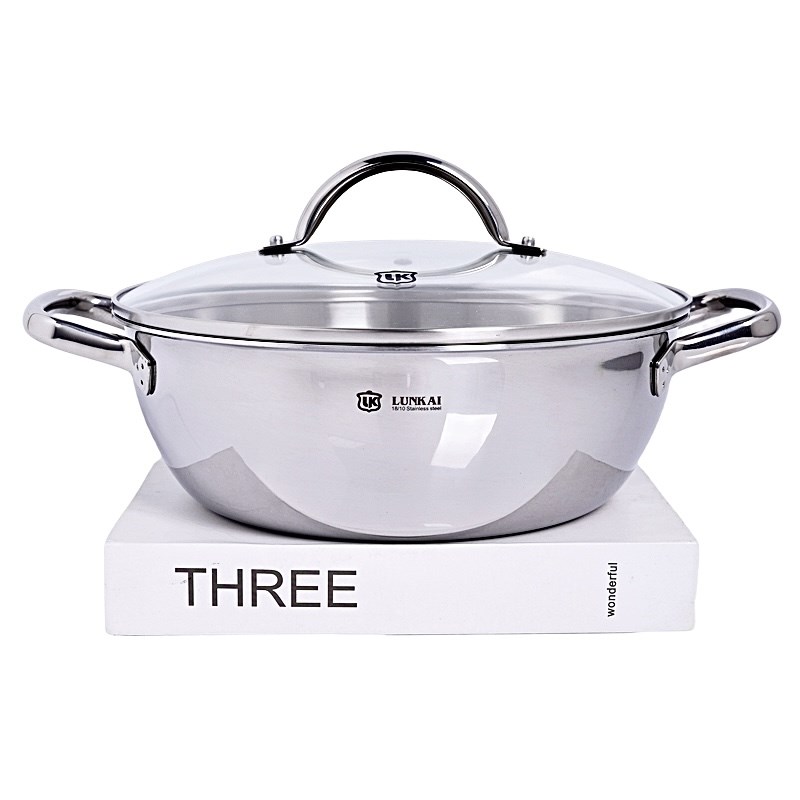 伦凯18/10不锈钢加厚双耳火锅无涂层小炒锅炖煎煮多用锅24-26cm