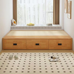 无床头榻榻米全实木床架飘窗拼接抽屉高箱储物床儿童小户型地台床