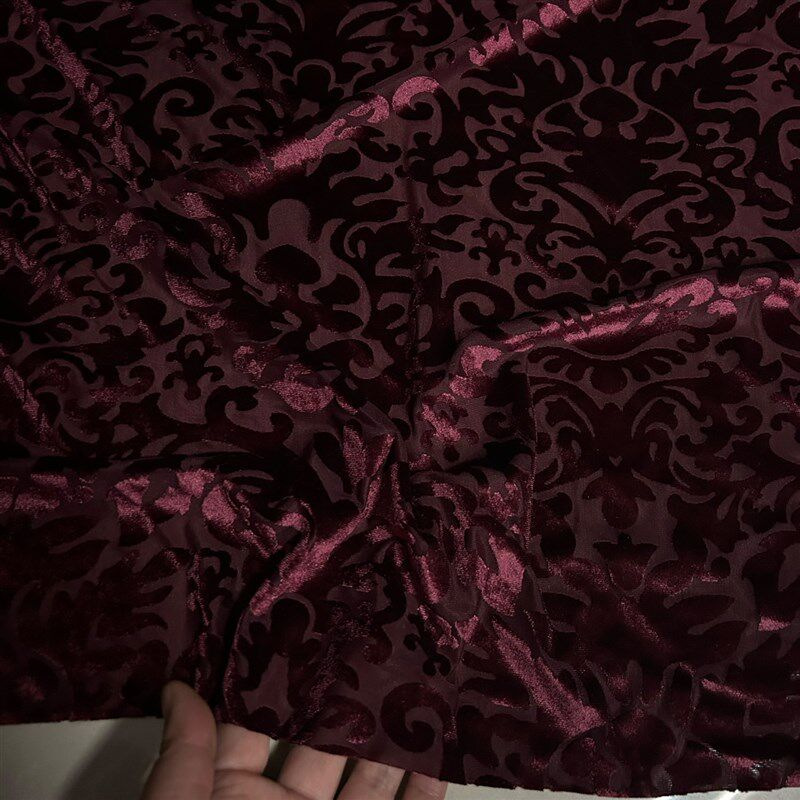 深枣红弹力镂空烂花金丝绒布料打底衫长袖连衣裙旗袍舞蹈服装面料