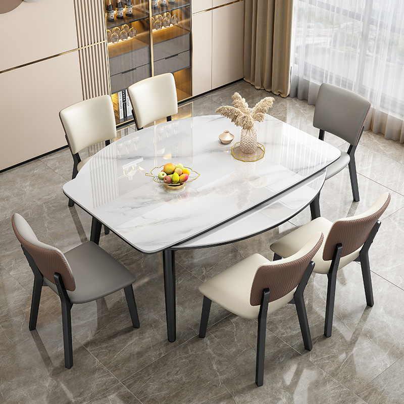 岩板餐桌可伸缩家用小户型轻奢饭桌现代简约可变圆桌实木长方形桌