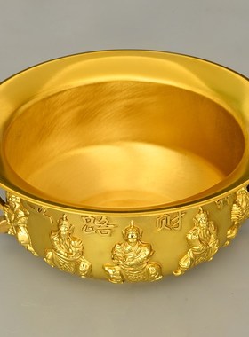 纯黄铜聚宝盆五路财神聚宝盆摆件家用财招装饰品办公室店铺开业礼