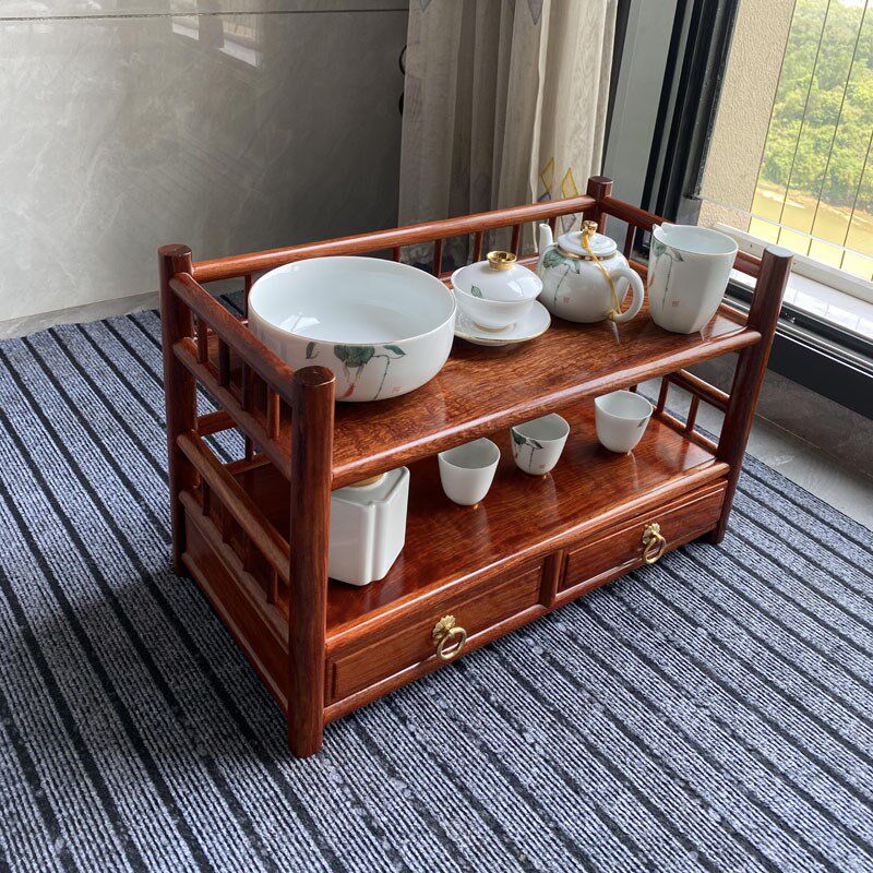 缅甸花梨木茶水架桌面茶具茶壶收纳架茶杯收纳架带抽屉两层摆放架