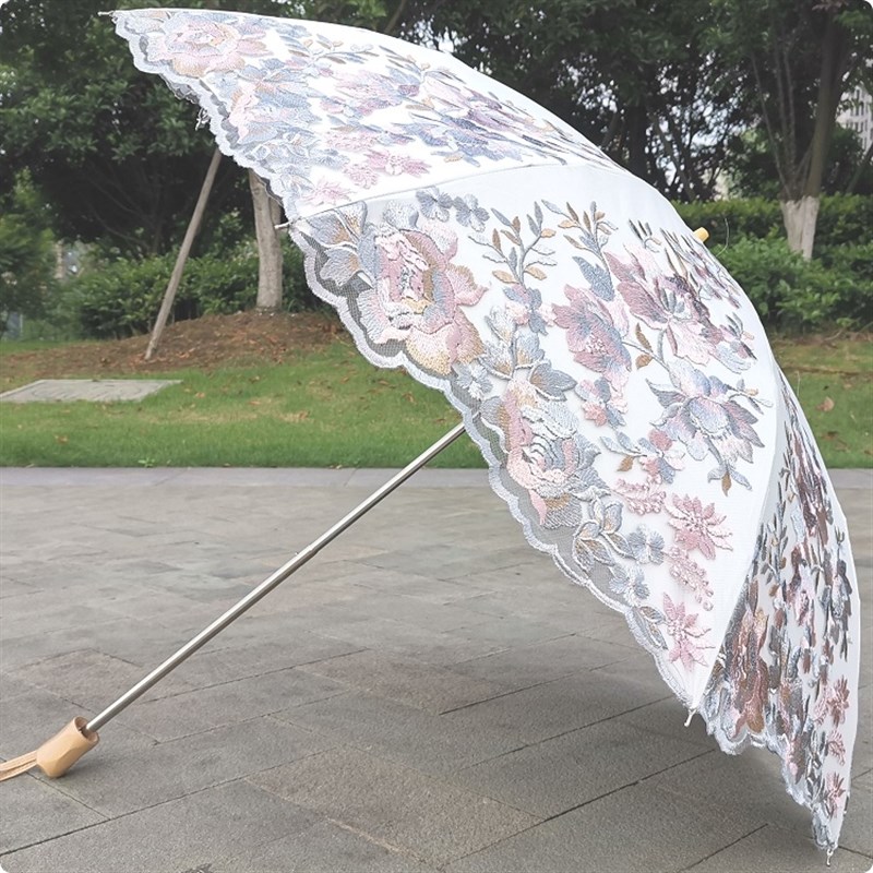 米白色奢华蕾丝刺绣花二折黑胶防紫外线防晒太阳伞晴雨伞洋伞