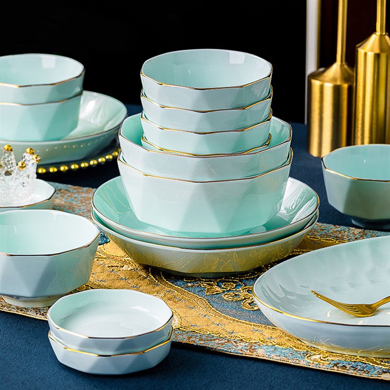 单个加厚描金碗家用高级感景德镇陶瓷碗盘筷组合饭碗餐具新居入宅