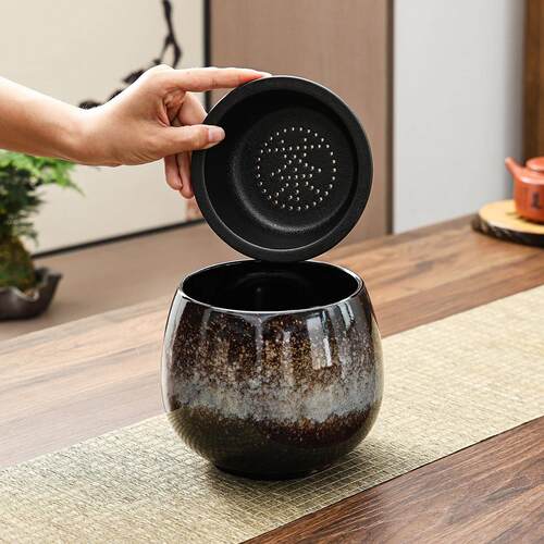 茶水桶过滤窑变茶渣缸带陶瓷过滤盖桌面废水桶茶洗茶道茶具大容量