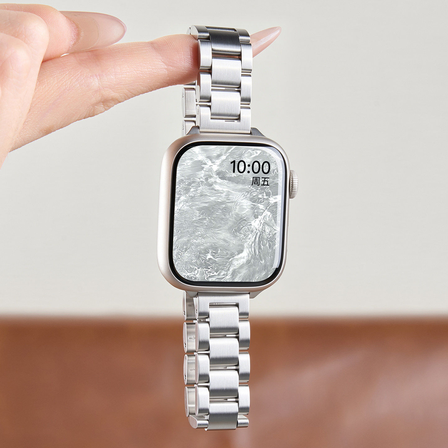 美派适用苹果S11手表iwatch10表带applewatch9高级三珠钢带SE3新款金属S9韩系夏天S8时尚男女款Ultra智能运动