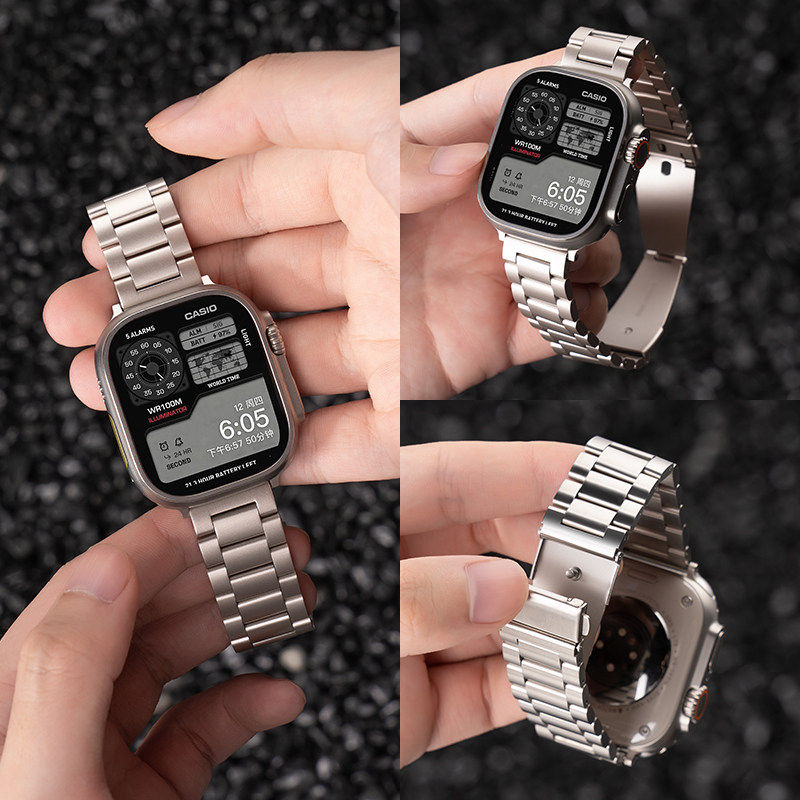 美派适用苹果S10手表S11表带iwatchs9手表带AppleWatch8质感三珠金属钢带S7/6/5新款男款运动创意3高级感春夏