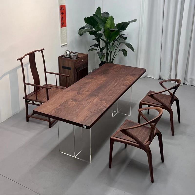 北美黑胡桃木大板茶桌椅组合餐桌两用实木办公桌书桌原木整板茶台