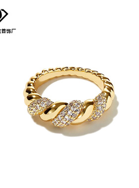 原创欧美风绳环满钻戒指女 复古麻花食指戒指小众轻奢高级设计感