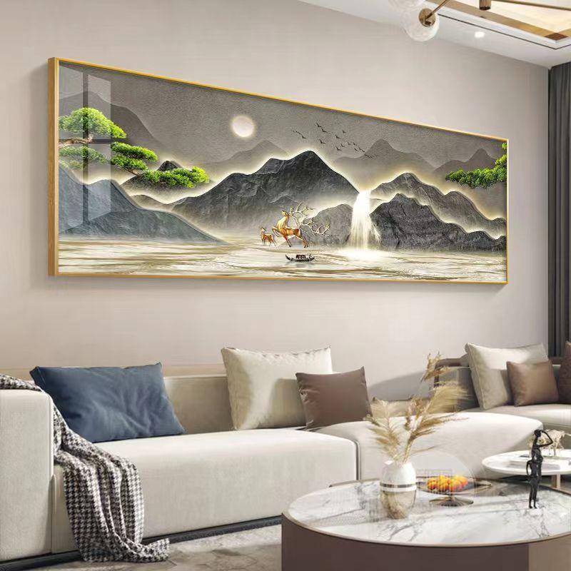 流水生财客厅装饰画中式沙发背景墙挂画迎客松禅意茶室山水壁画