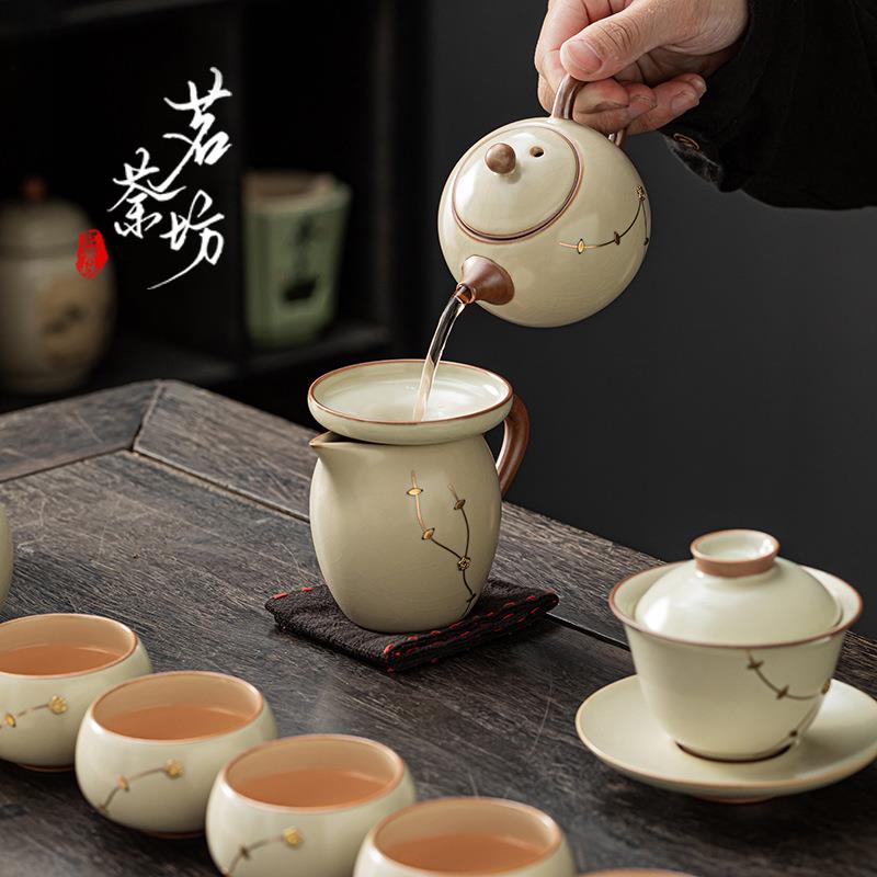 高档锔钉米黄汝窑汝瓷开片功夫茶具套装家用茶壶茶杯办公轻奢礼盒