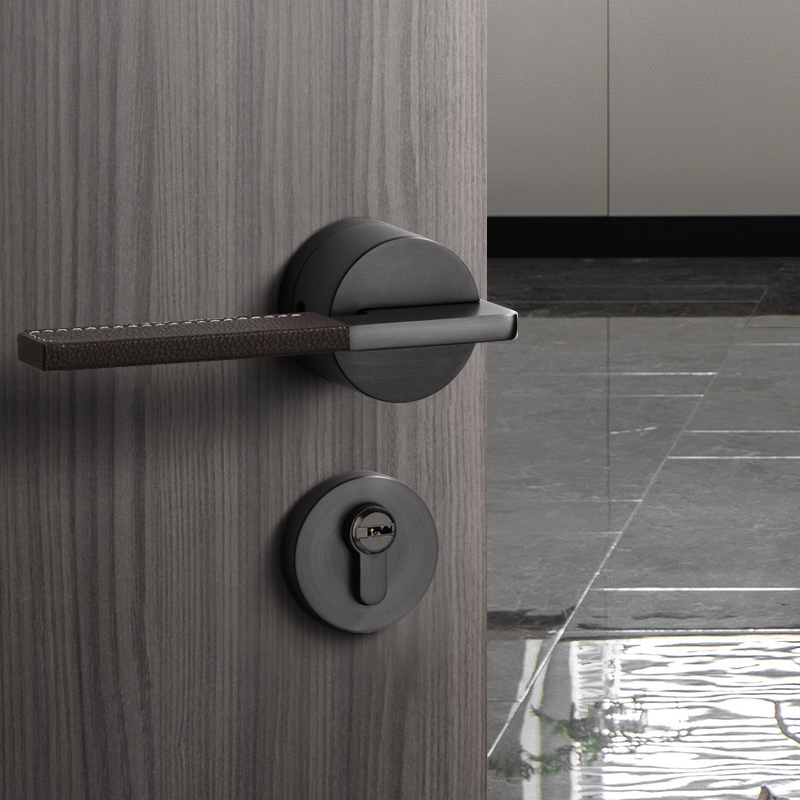 真皮北欧室内卧室房门锁灰黑色房间门把手简约静音磁吸后现代门锁