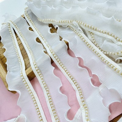 法式浪漫花边白色压百褶雪纺珠子洛丽塔领口袖口窗帘蕾丝花边辅料