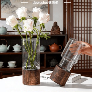 德沃多轻奢玻璃花瓶带木托龟背竹水培客厅插花简约现代中式花瓶