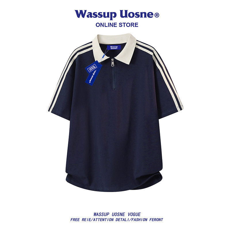 WASSUP UOSNE美式潮牌polo衫翻领短袖t恤男女夏季重磅纯棉上衣服
