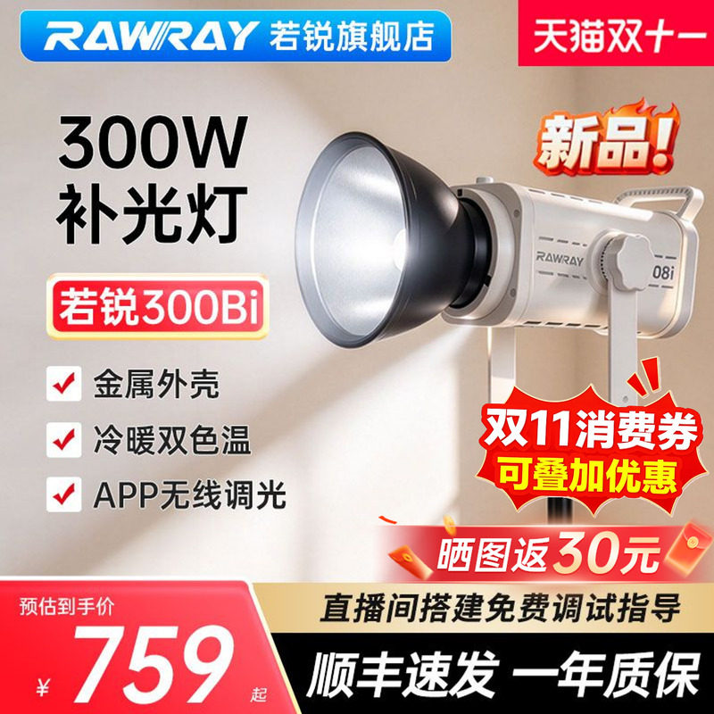 Rawray若锐 300Bi 300W补光灯可调双色温 摄影常亮灯金属外壳 APP调光 抖音直播主播专用室内拍照球形柔光灯