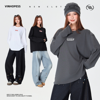 纯棉潮牌重磅直口胶章情侣长袖