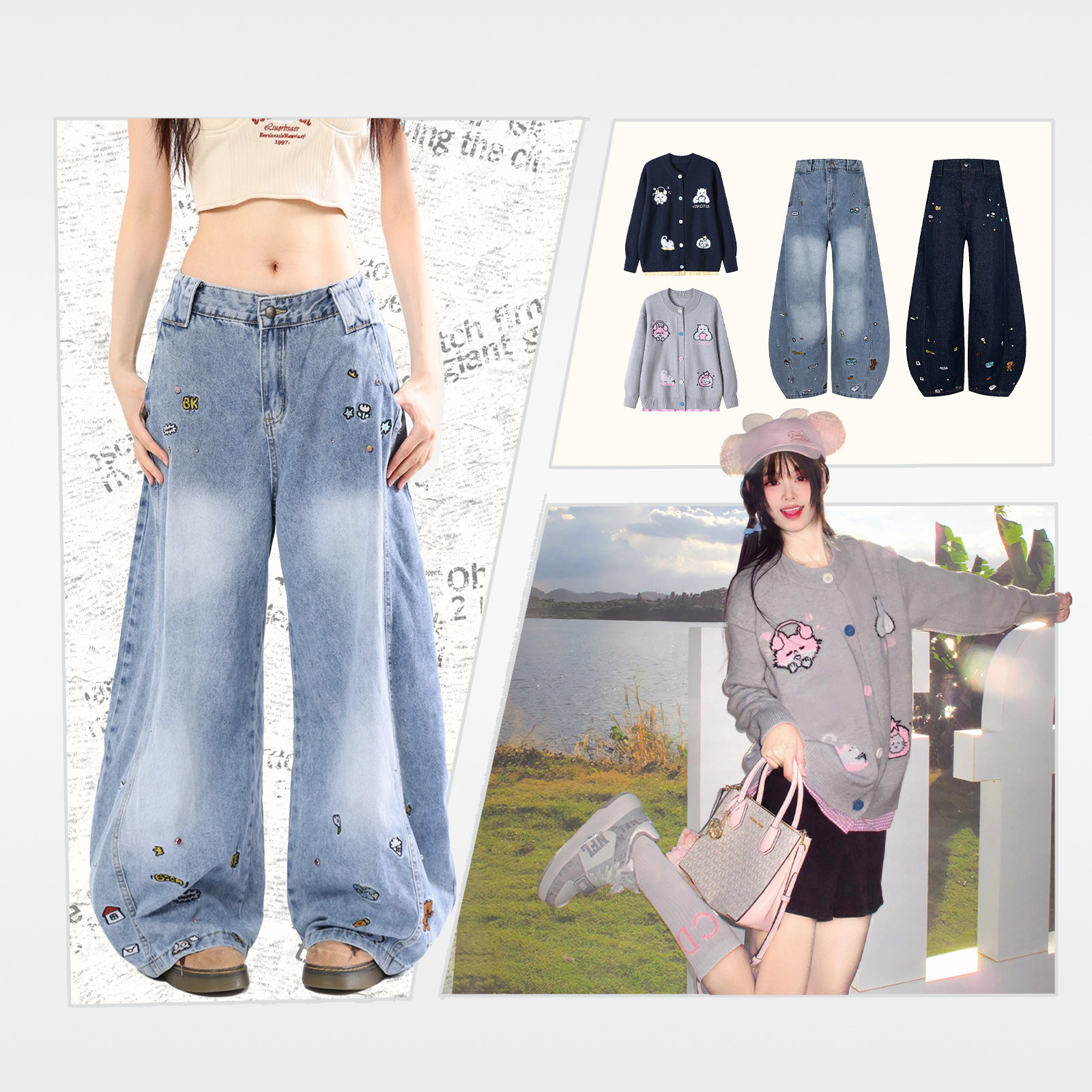 VINHOPESS/威宏丝女纽扣提花毛衣开衫/刺绣钉珠牛仔裤