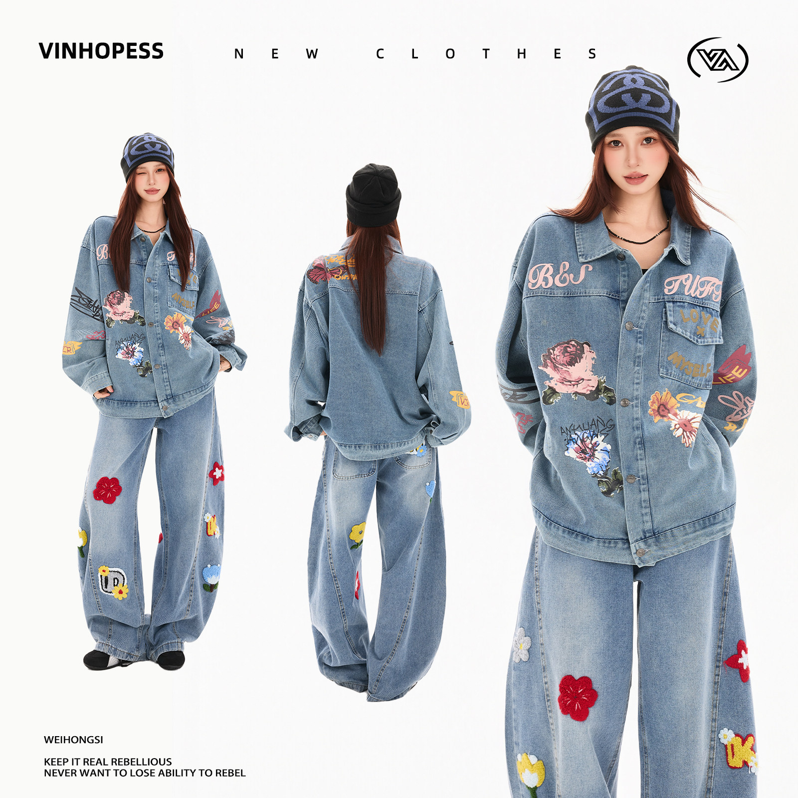 VINHOPESS/威宏丝纯棉水果时尚印花短袖T恤花卉胶印牛仔情侣外套