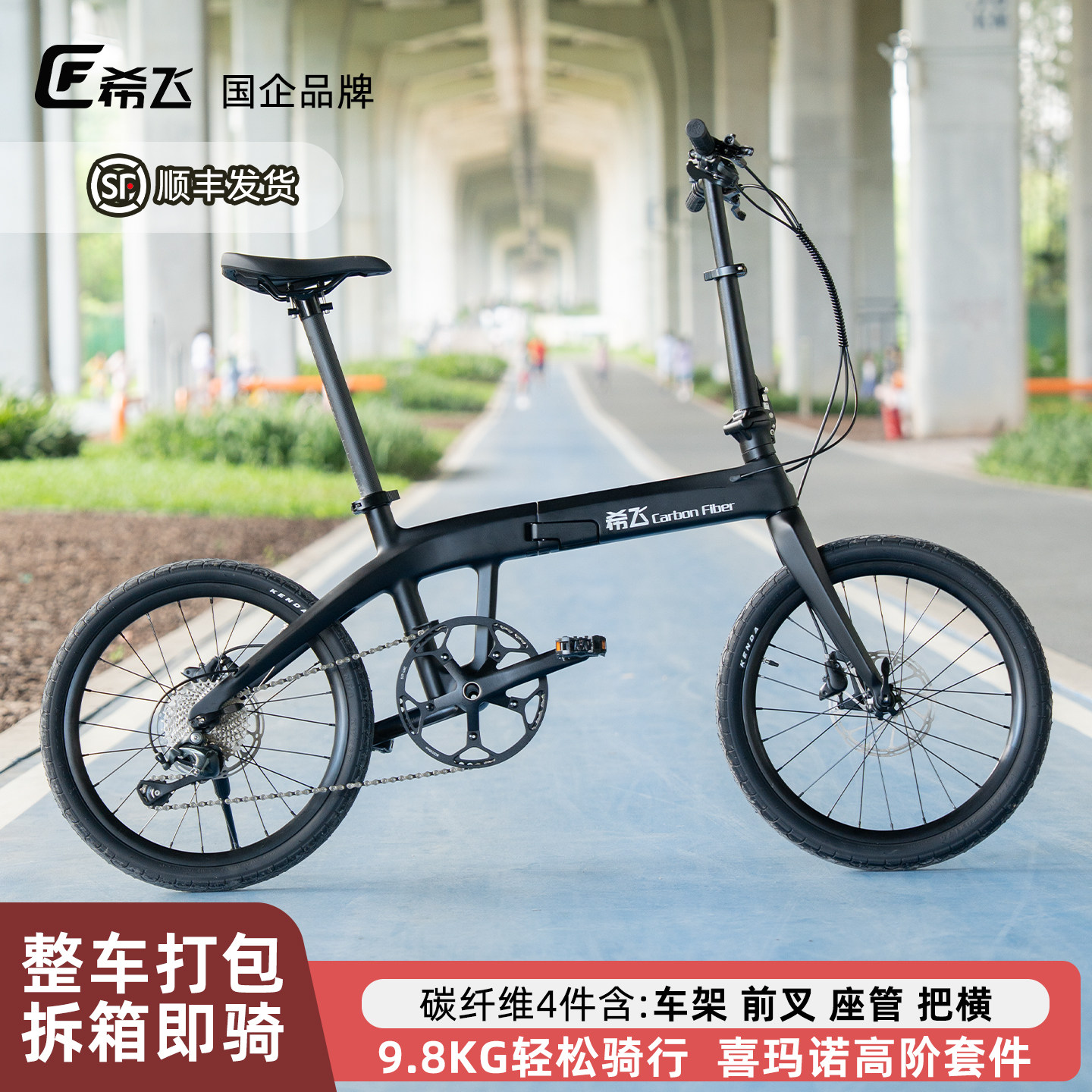 希飞全碳纤维折叠自行车20寸10速成人女男通勤脚踏碟刹轻量9.8KG