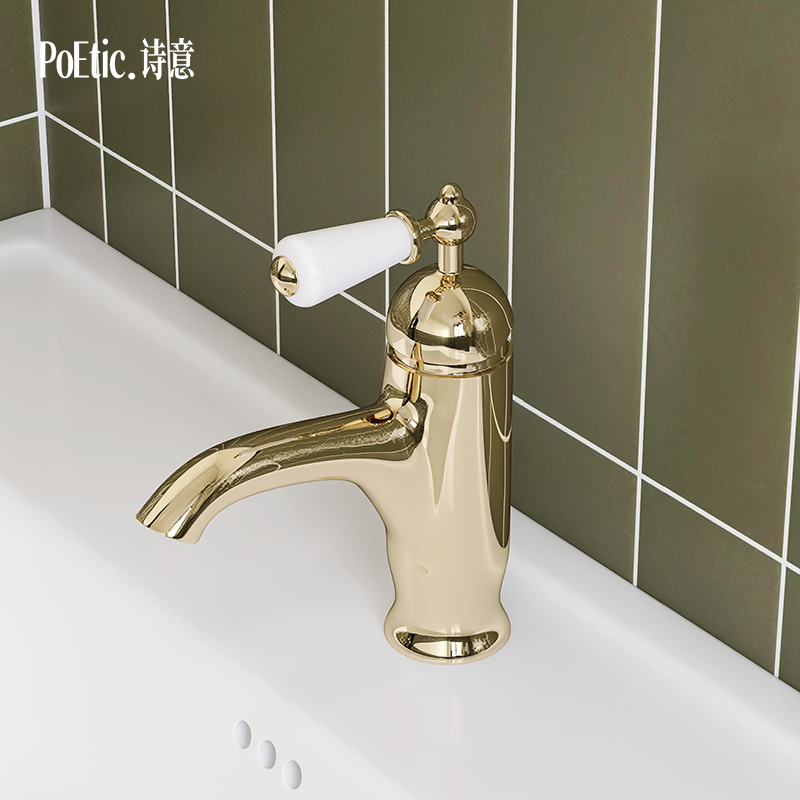 仪奢欧式复古金色单孔面盆水龙头卫生间全铜冷热水龙头陶瓷洗手盆